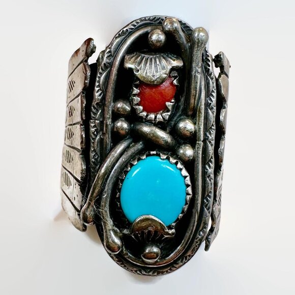 Turquoise Ring, Coral, Sterling Silver, Native American, Navajo, Signed, Joe Tso - Picture 2 of 8